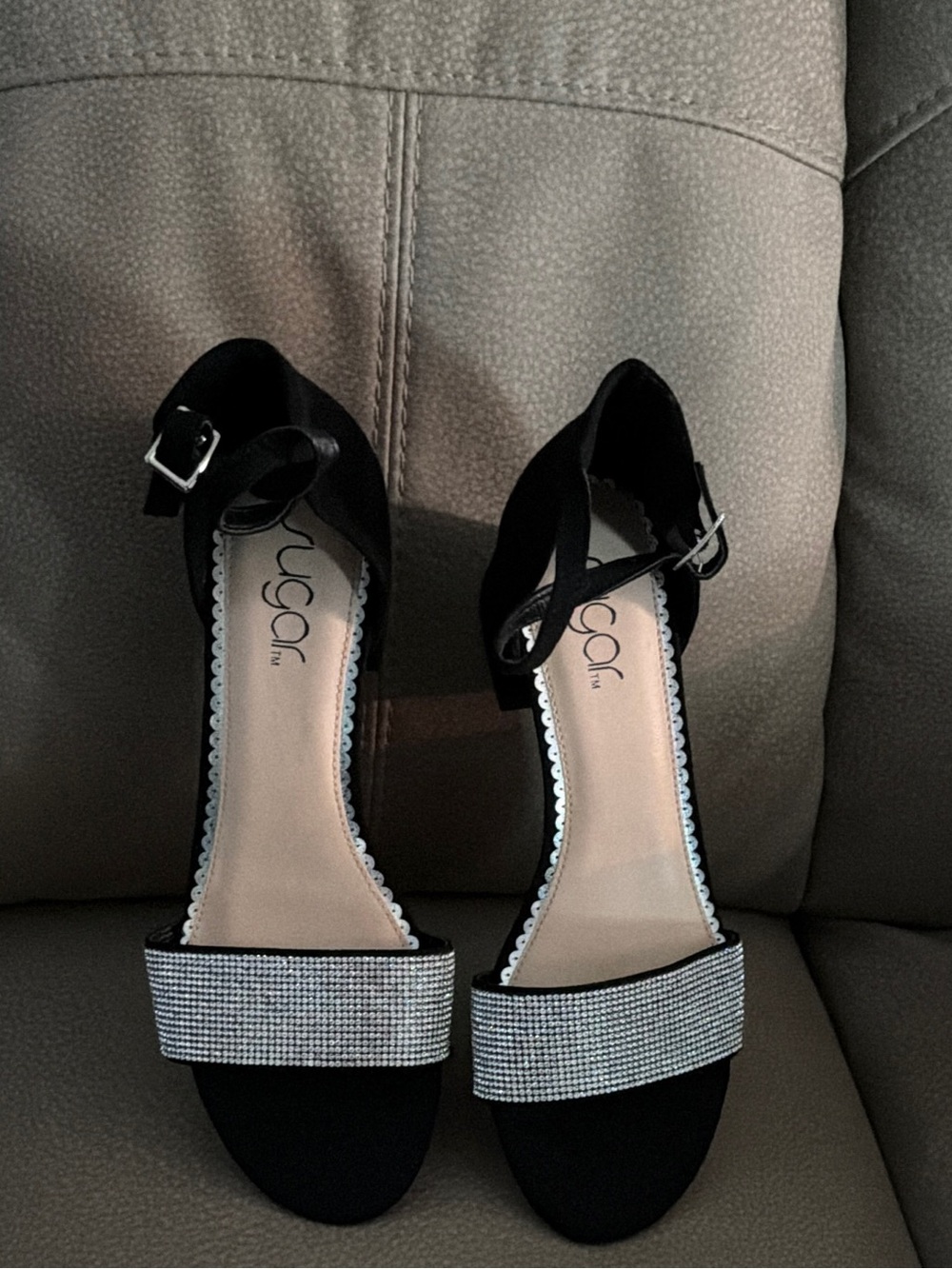 Sugar Black Block Heel Sandals with Silver Rhinestone Strap
